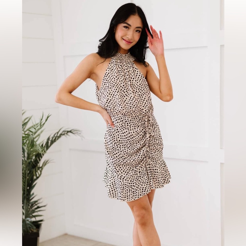 Lena Ruched Dress Cream and Brown Cheetah Print Chic Size M